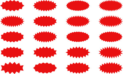 Starburst red sticker set - collection of special offer sale oval and round shaped sunburst labels and badges. Promo stickers with star edges. Promo advertising Vector.