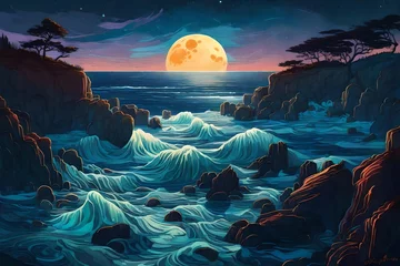 Fototapeten A moonlit coastline with bioluminescent waves crashing against the rocks, painting the scene in surreal colors. © Haris