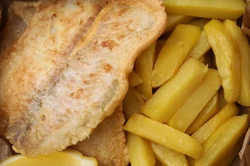 Foto op Plexiglas Delicious fish and chips as background, top view © New Africa