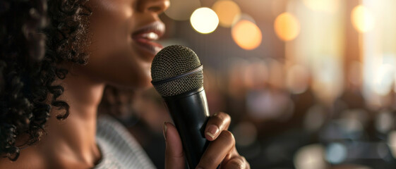 With a microphone in hand and a joyous smile, a singer shares her vibrant energy on stage. - obrazy, fototapety, plakaty