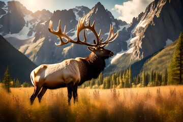 Majestic elk grazing peacefully in a sunlit meadow surrounded by towering peaks.