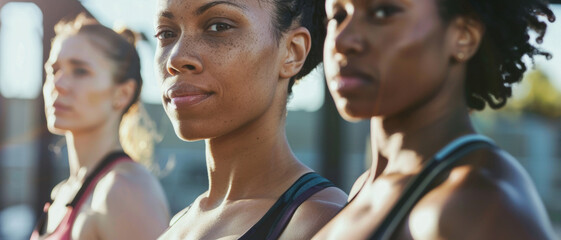 Determined women athletes in contemplation before a track and field event. - obrazy, fototapety, plakaty