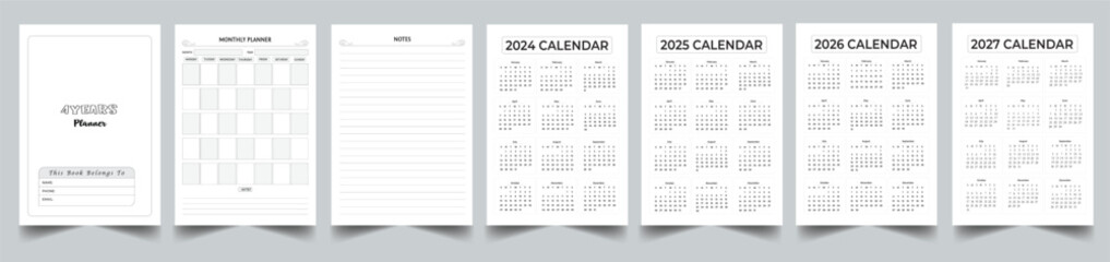 4 Year planner Template With Calendar layout Design