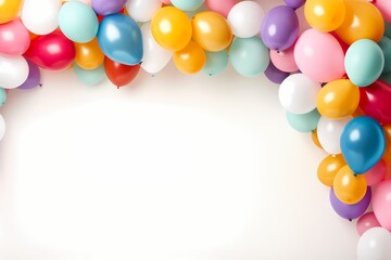 Fototapeta na wymiar A festive arrangement of birthday balloons in brightcolors, forming a beautiful arch shape against a white background, providing ample space for personalized text.