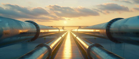 Dusk illuminates twin pipelines extending toward a vibrant horizon. - obrazy, fototapety, plakaty