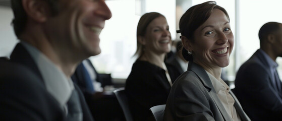 Colleagues sharing a moment of joy, captured in a congenial business meeting.