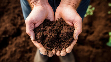 Top view of soil in hands for check the quality of the soil for control soil quality before seed