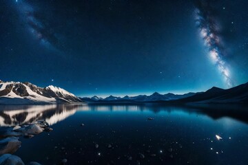 A celestial plateau where the night sky is reflected in a shimmering lake, creating a stunning cosmic mirror.