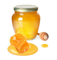 Natural honey in jar, wooden dipper and pieces of honeycomb on white background