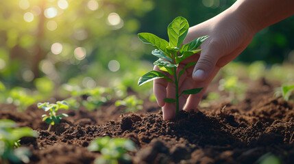 A person carefully planting a small green seedling in a pot filled with rich potting soil. - obrazy, fototapety, plakaty