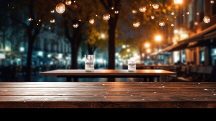 a wooden table with illumination lights around it outside an outdoor restaurant at night, in the style of impressionist cityscapes, photo montage, flat backgrounds, present, light-filled, wood