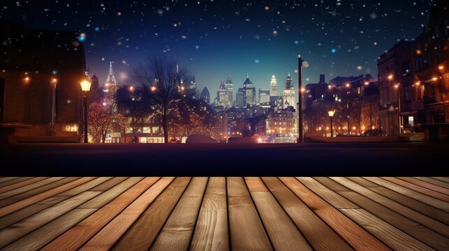 a wooden table on a city street in front of colorful lights, in the style of photo-realistic landscapes, light navy and light brown, light beige and light amber, xmaspunk, lively tableaus, sparklecore