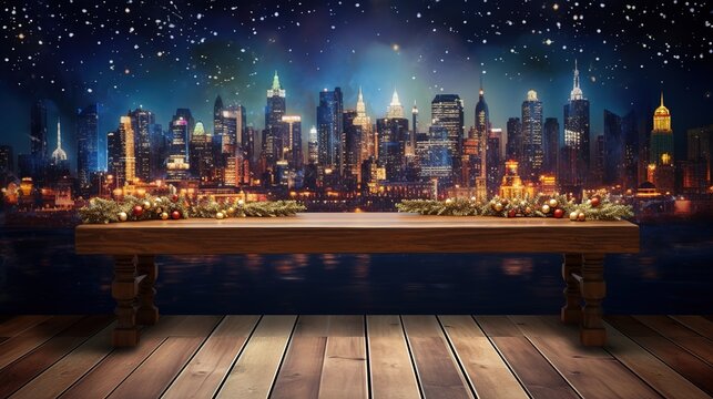 a wooden table on a city street in front of colorful lights, in the style of photo-realistic landscapes, light navy and light brown, light beige and light amber, xmaspunk, lively tableaus, sparklecore