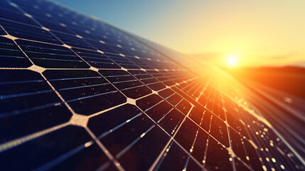 A close-up of a solar panel bathed in the warm hues of a sunset, highlighting the potential of solar energy as a clean and renewable energy source.