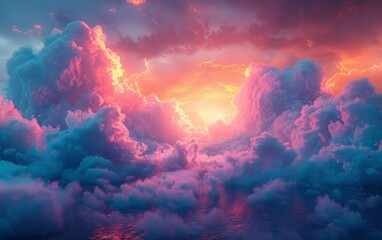 A breathtaking scene of fluffy clouds illuminated by a vivid sunset, reflected in the tranquil water below.