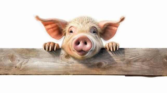 Funny pig hanging on a fence. Studio photo. Isolated on white background