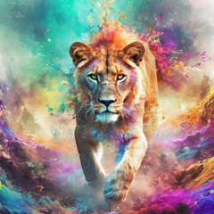 The lion, the king of the jungle, is walking on a hill while looking for prey in his territory. Abstract colorful background - obrazy, fototapety, plakaty