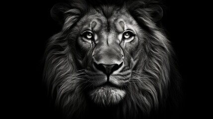 Fototapeta premium Graphic black and white lion portrait on black