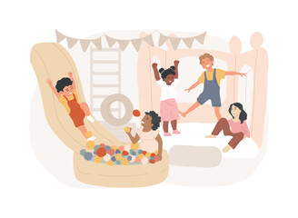 Playroom for kids isolated concept vector illustration. Playing space for kids, indoor playgrounds, all in one children activity, toys and furniture, neutral home playroom decor vector concept.