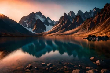 Fotobehang Reflectie A serene lake nestled between majestic mountains, reflecting the ethereal hues of a mesmerizing sunset.