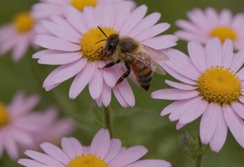 Obraz premium Wasp on a flower. Macro photo. Wasp close-up. Chamomile. White petals texture. Yellow pistil and stamens. Drawing on the body of a wasp. The wasp pollinates the flower. Background - chamomile.