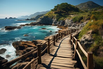 a wooden walkway leads towards the ocean on an island, in the style of punk, mountainous vistas, webcam photography, vibrant, lively, hikecore, solarizing master, skillful
