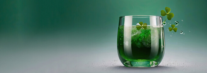 Drink in a clear glass glass with clover leaves on a plain green background