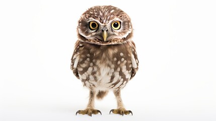 Little Owl, 50 days old, Athene noctua, standing in front of a white background