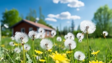 Lot of dandelions close-up on nature in spring against backdrop of summer house and blue sky. The wind blows away seeds of dandelions, template for summer vacations on nature