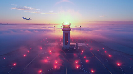 Airplane Descending Toward Airport Control Tower at Sunrise