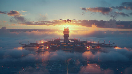Airplane Descending Toward Airport Control Tower at Sunrise - obrazy, fototapety, plakaty
