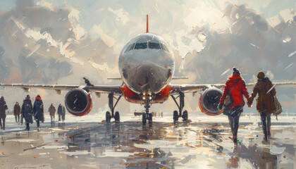 Lone Traveler Approaching Airplane on Moody Runway - obrazy, fototapety, plakaty
