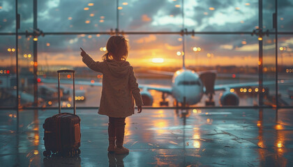 Young Explorer Points to Airplane at Airport at Dusk - obrazy, fototapety, plakaty