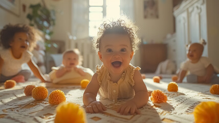 Wide shot of 3 babies of various races sitting on the floor in the room and playing together, happy kids smiling and looking to the camera