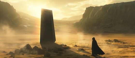 A man or a monk or a pilgrim next to a surreal mystical black stone or a giant sculpture in a valley among the mountains in a minimalist style. A ceremonial, religious, or mysterious sacred place - obrazy, fototapety, plakaty
