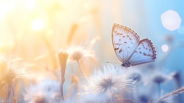 Fototapeta Natural pastel background. Morpho butterfly and dandelion. Seeds of a dandelion flower in droplets of dew on a background of sunrise. Soft focus. Copy spaces.