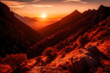 A breathtaking view of a mountain ridge silhouetted against the fiery colors of a sunset