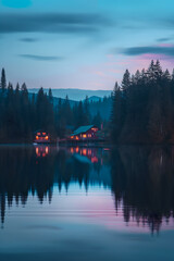 Obraz premium As dusk settles, the warm glow of cabins by a tranquil forest lake reflects on glassy waters, offering a peaceful retreat from the world