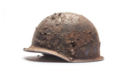 Naklejka premium The old military helmet isolated on white, a powerful symbol of historical combat and military heritage.