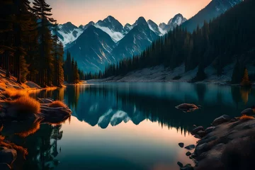 Foto auf Acrylglas Reflection A serene lake nestled between majestic mountains, reflecting the ethereal hues of a mesmerizing sunset.