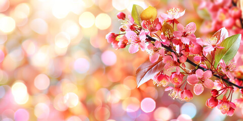 Fototapeta premium Spring Blossoms in Dreamy Bokeh. Pink spring blossoms shine with a dreamy bokeh backdrop.