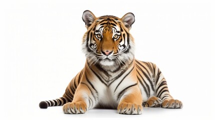 Fototapeta premium Portrait of Bengal Tiger, 1 year old, sitting in front of white background, studio shot, Panthera tigris tigris