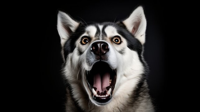 Portrait of Amazement Siberian Husky Dog opened mouth surprised on Isolated Black Background, front view