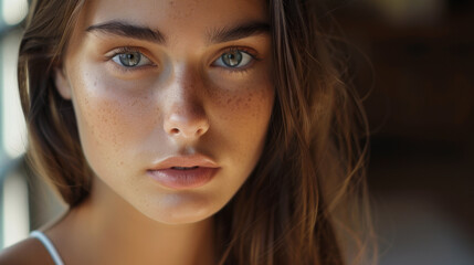 Fototapeta premium Beautiful Woman's Close-Up Portrait with a Lovely Smile, Expressive Eyes, and Youthful Glamour