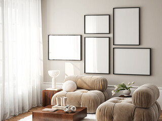 Frame mockup, ISO A paper size. Living room wall poster mockup. Interior mockup with house background. Modern interior design. 3D render
- 746686929