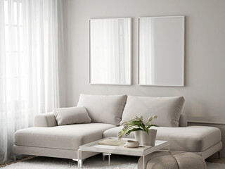 Naklejki  Frame mockup, ISO A paper size. Living room wall poster mockup. Interior mockup with house background. Modern interior design. 3D render 