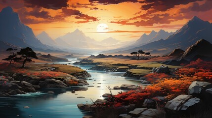 aerial photo of a mountain field on a river, in the style, colorful animation stills, ethereal trees, orange and maroon, reflective, leaf patterns