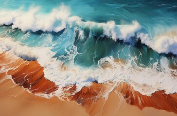 aerial image of a beach with sand and waves, in the style of light amber and emerald, afro themes, i can't believe how beautiful this is, golden hues, en plein air beach scenes, mesmerizing optical il - obrazy, fototapety, plakaty
