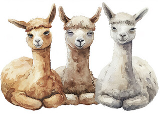 set di  dolcissimi alpaca di diversi colori in stile acquerello su sfondo bianco scontornabile, ideale per libri per bambini - obrazy, fototapety, plakaty