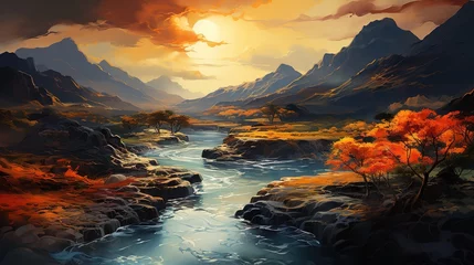 Foto op Canvas aerial photo of a mountain field on a river, in the style, colorful animation stills, ethereal trees, orange and maroon, reflective, leaf patterns © Smilego